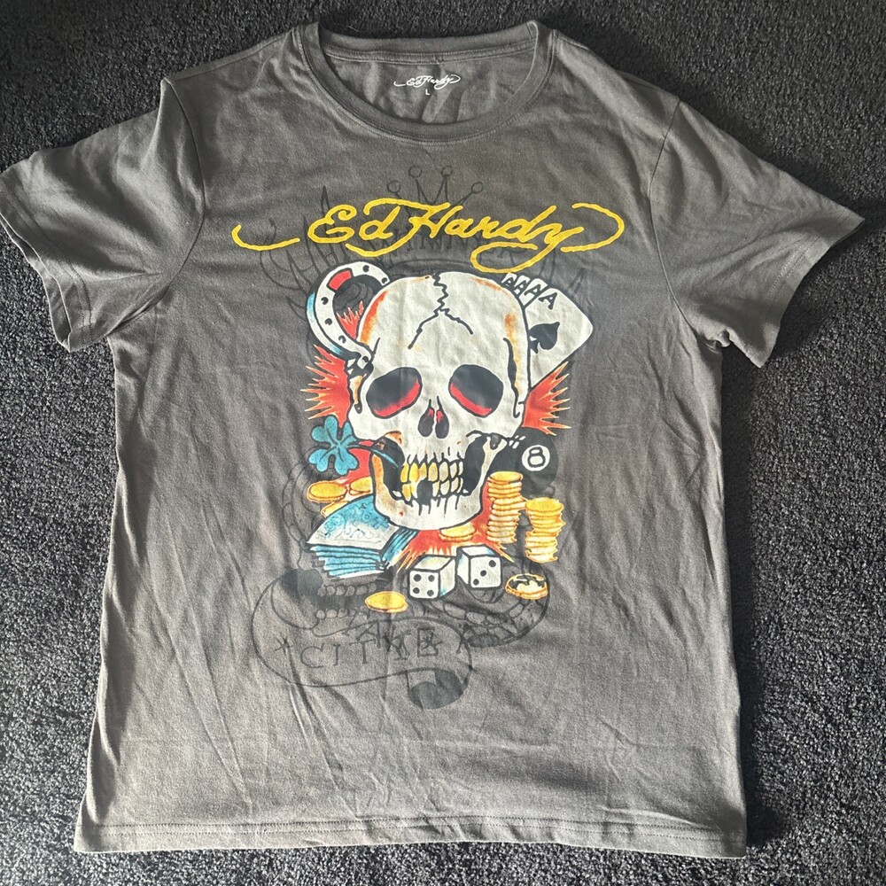 Ed Hardy Men's Ace Skull Throwback Black Charcoal T-shirt Tee Size L Casino Chip